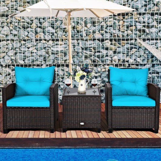 3 Pcs Patio Rattan Furniture Set Cushioned Conversation Set Coffee Table-Turquoise - Image 2