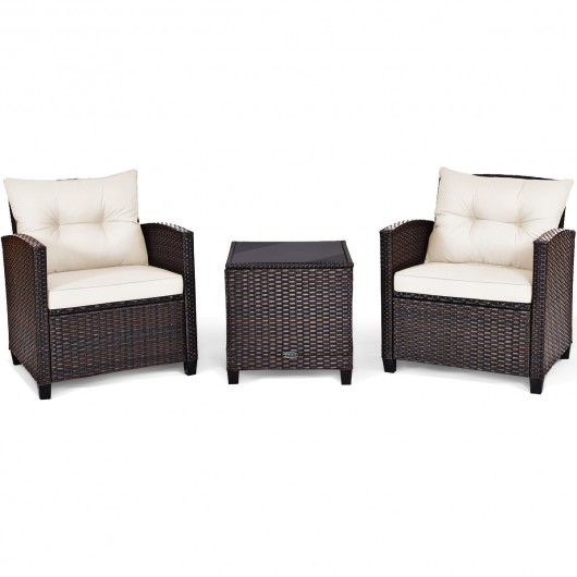 3 Pcs Patio Rattan Furniture Set Cushioned Conversation Set Coffee Table