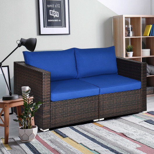 2PCS Patio Rattan Sectional Conversation Sofa Set-Navy - Image 4