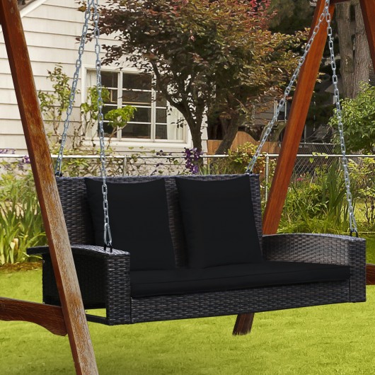 2-Person Patio Rattan Porch Swing with Cushions-Black - Image 2