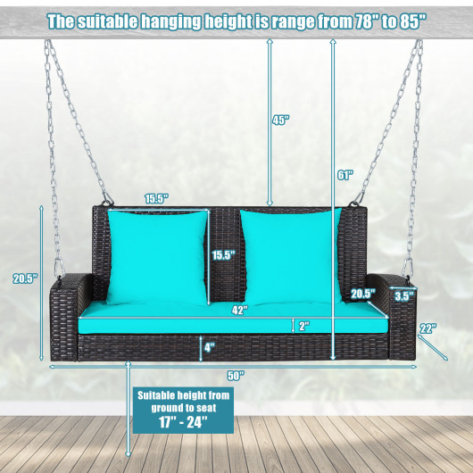 2-Person Patio Rattan Porch Swing with Cushions-Turquoise - Image 4