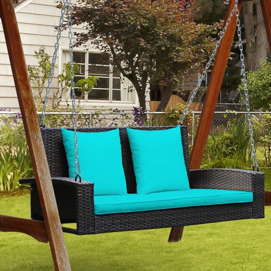 2-Person Patio Rattan Porch Swing with Cushions-Turquoise - Image 2