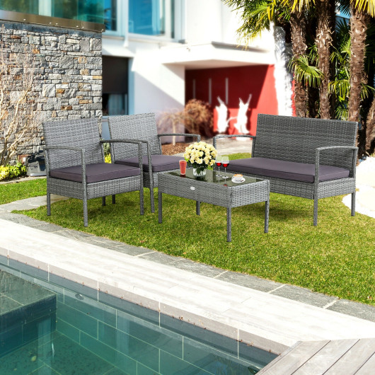 4 Pieces Outdoor Rattan Conversation Set with Comfortable Cushion - Image 3
