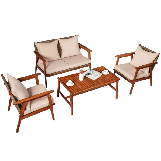 4 Piece Acacia Wood Patio Rattan Furniture Set-Brown