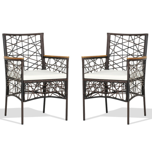 2 Pieces PE Wicker Patio Bistro Dining Chairs with Acacia Wood Armrests and Cushions - Image 3
