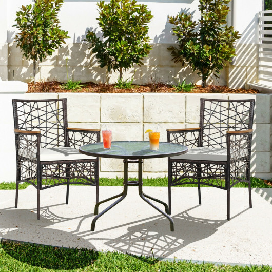 2 Pieces PE Wicker Patio Bistro Dining Chairs with Acacia Wood Armrests and Cushions - Image 2