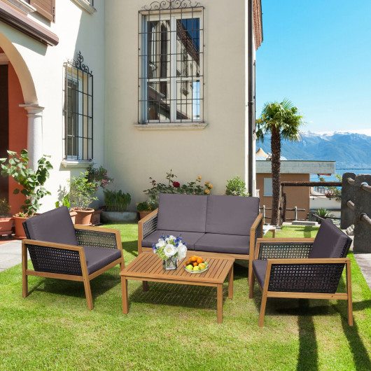 4 Pieces Patio Rattan Furniture Set with Removable Cushions-Gray - Image 3