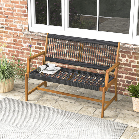 Outdoor Acacia Wood Bench with Backrest and Armrests - Image 4