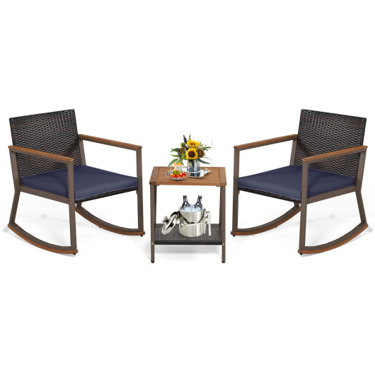 3 Pieces Rattan Rocking Bistro Set with Coffee Table and Cushions-Navy