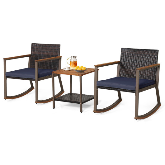 3 Pieces Rattan Rocking Bistro Set with Coffee Table and Cushions-Navy - Image 2