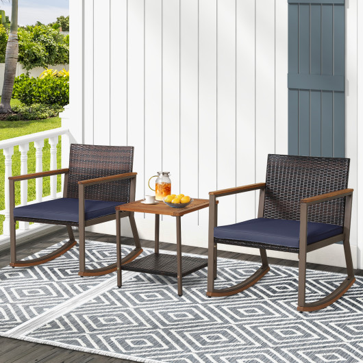 3 Pieces Rattan Rocking Bistro Set with Coffee Table and Cushions-Navy - Image 3