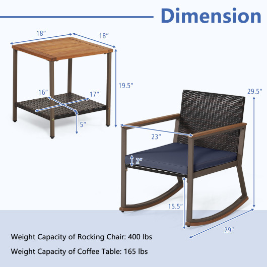 3 Pieces Rattan Rocking Bistro Set with Coffee Table and Cushions-Navy - Image 5