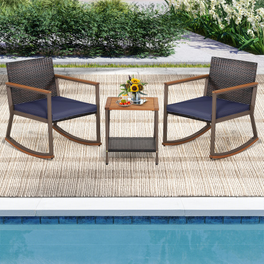 3 Pieces Rattan Rocking Bistro Set with Coffee Table and Cushions-Navy - Image 6