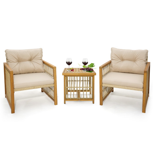3 Pieces Patio PE Wicker Conversation Set with Acacia Wood Frame and Cushions-Beige - Image 5