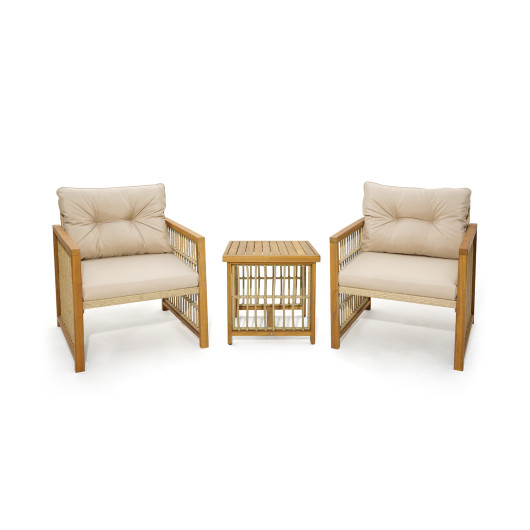 3 Pieces Patio PE Wicker Conversation Set with Acacia Wood Frame and Cushions-Beige - Image 6