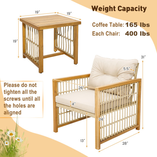 3 Pieces Patio PE Wicker Conversation Set with Acacia Wood Frame and Cushions-Beige - Image 2
