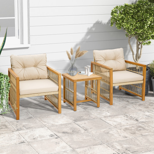 3 Pieces Patio PE Wicker Conversation Set with Acacia Wood Frame and Cushions-Beige - Image 3