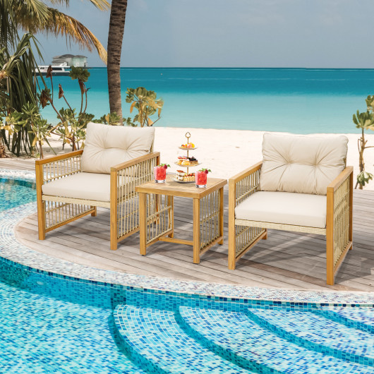 3 Pieces Patio PE Wicker Conversation Set with Acacia Wood Frame and Cushions-Beige - Image 4