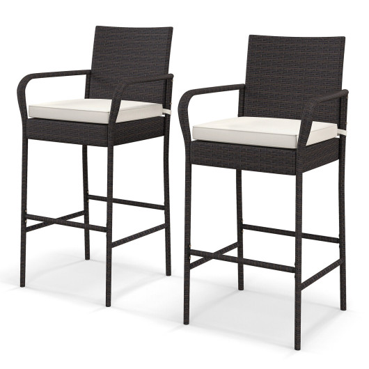 2-4 Pieces Outdoor PE Rattan Cushioned Barstool Set with Armrests-Set of 2