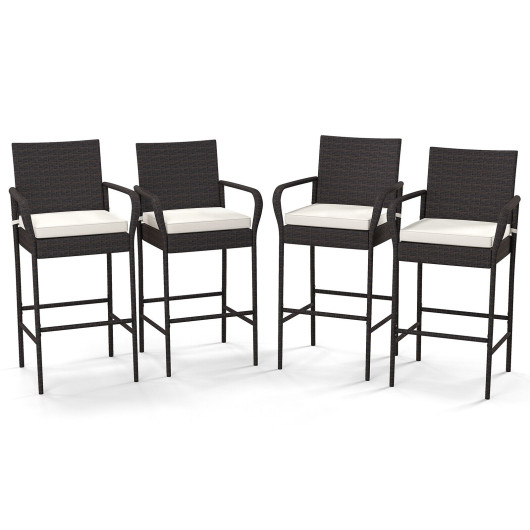2-4 Pieces Outdoor PE Rattan Cushioned Barstool Set with Armrests-Set of 4