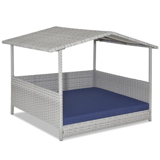 Wicker Dog House with Waterproof Roof and Washable Cushion Cover-Navy - Image 2
