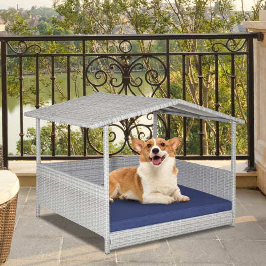 Wicker Dog House with Waterproof Roof and Washable Cushion Cover-Navy - Image 3