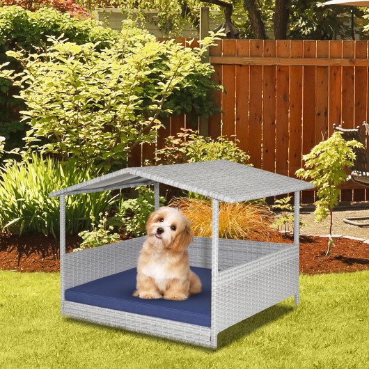 Wicker Dog House with Waterproof Roof and Washable Cushion Cover-Navy - Image 4