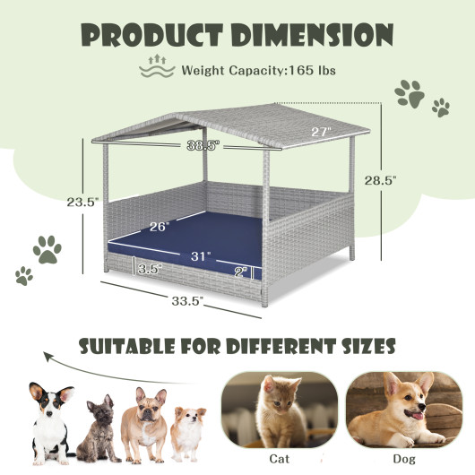 Wicker Dog House with Waterproof Roof and Washable Cushion Cover-Navy - Image 5