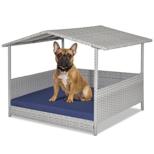 Wicker Dog House with Waterproof Roof and Washable Cushion Cover-Navy - Image 6