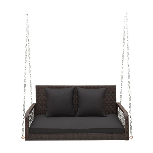2-Person Outdoor Wicker Porch Swing with Seat and Back Cushions-Black - Image 3
