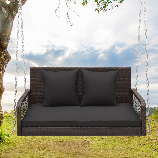 2-Person Outdoor Wicker Porch Swing with Seat and Back Cushions-Black - Image 4