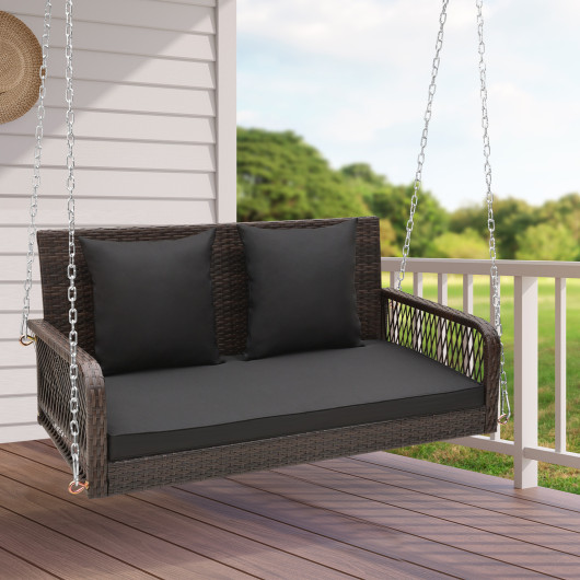 2-Person Outdoor Wicker Porch Swing with Seat and Back Cushions-Black - Image 5