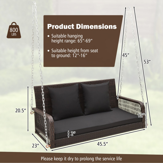 2-Person Outdoor Wicker Porch Swing with Seat and Back Cushions-Black - Image 6