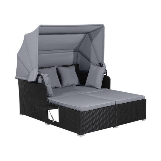 Patio Rattan Daybed with Retractable Canopy and Side Tables-Gray