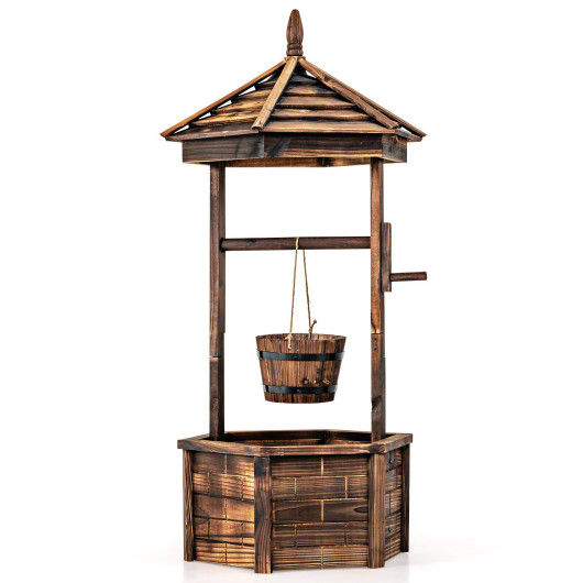 Rustic Wooden Wishing Well with Adjustable Hanging Bucket-Brown - Image 4