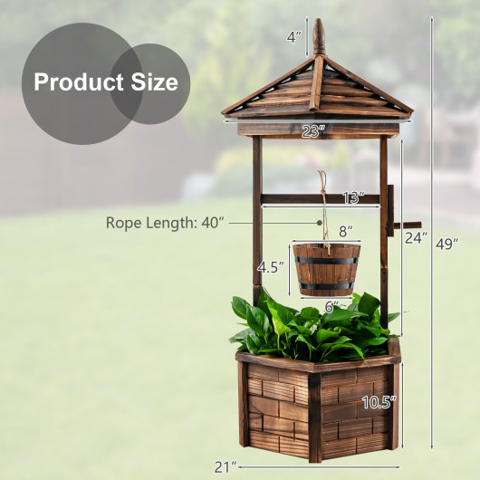 Rustic Wooden Wishing Well with Adjustable Hanging Bucket-Brown - Image 5