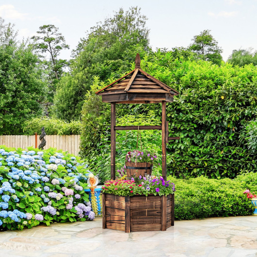 Rustic Wooden Wishing Well with Adjustable Hanging Bucket-Brown - Image 6