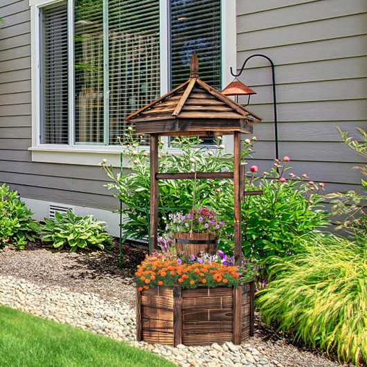 Rustic Wooden Wishing Well with Adjustable Hanging Bucket-Brown - Image 2