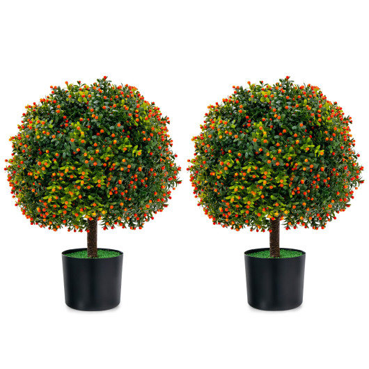 2-Pack Artificial Boxwood Topiary Ball Tree with Orange Fruit - Image 2