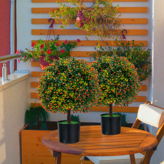 2-Pack Artificial Boxwood Topiary Ball Tree with Orange Fruit - Image 3