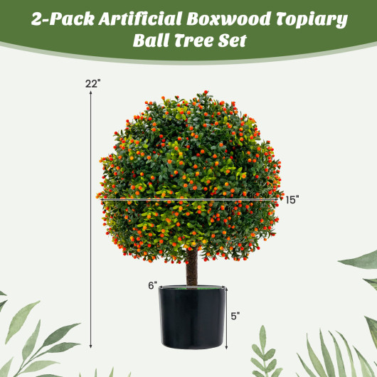 2-Pack Artificial Boxwood Topiary Ball Tree with Orange Fruit - Image 4