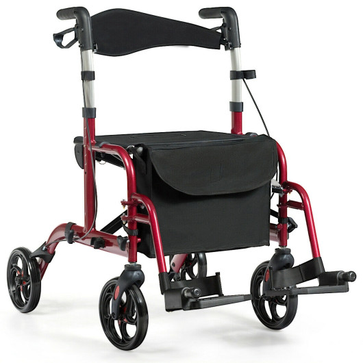 2-in-1 Adjustable Folding Handle Rollator Walker with Storage Space-Red - Image 5