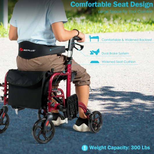 2-in-1 Adjustable Folding Handle Rollator Walker with Storage Space-Red - Image 6