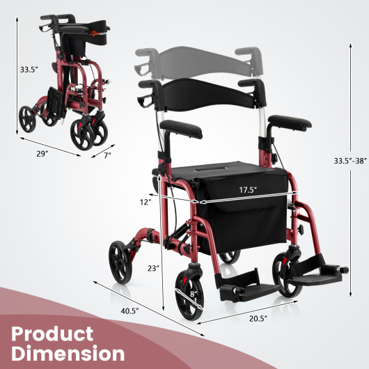Folding Rollator Walker with Seat and Wheels Supports up to 300 lbs-Red - Image 4
