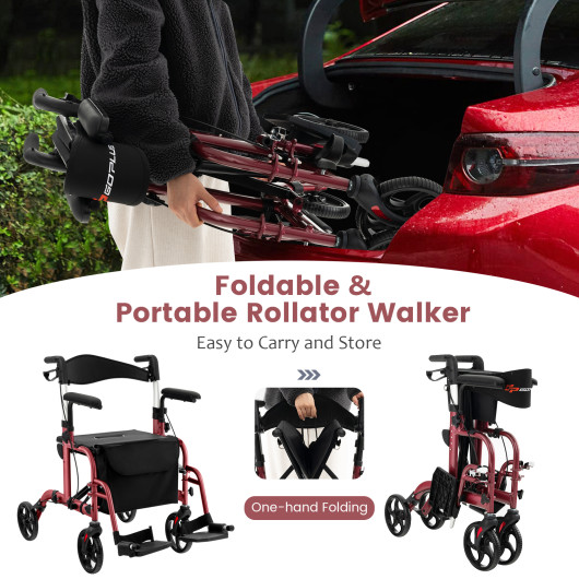 Folding Rollator Walker with Seat and Wheels Supports up to 300 lbs-Red - Image 6