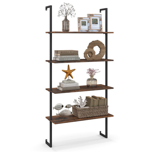 4-Tier Industrial Ladder Bookshelf with Metal Frame-Coffee - Image 3