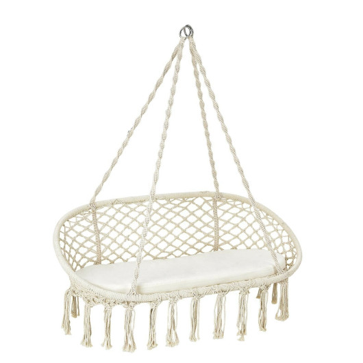 2 Person Hanging Hammock Chair with Cushion Macrame Swing-Beige - Image 5