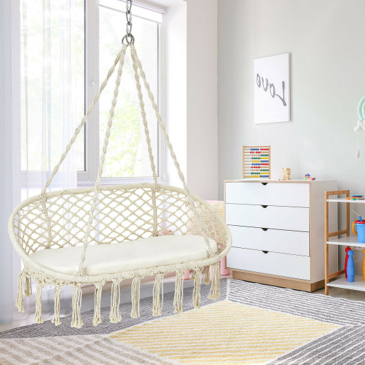 2 Person Hanging Hammock Chair with Cushion Macrame Swing-Beige - Image 2