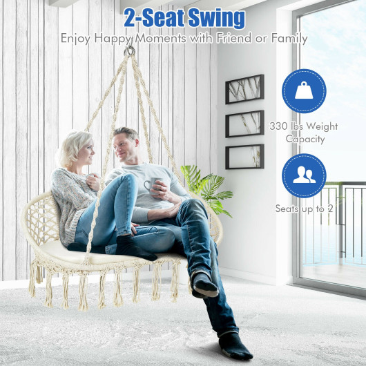 2 Person Hanging Hammock Chair with Cushion Macrame Swing-Beige - Image 6