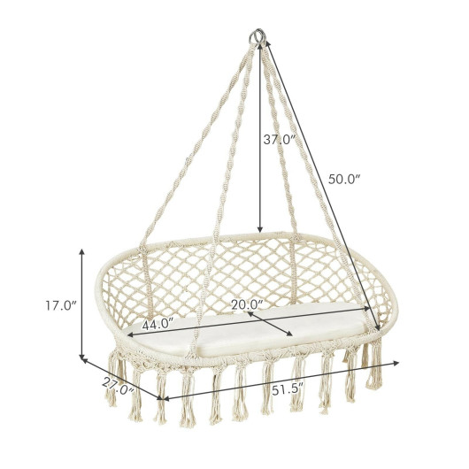 2 Person Hanging Hammock Chair with Cushion Macrame Swing-Beige - Image 3